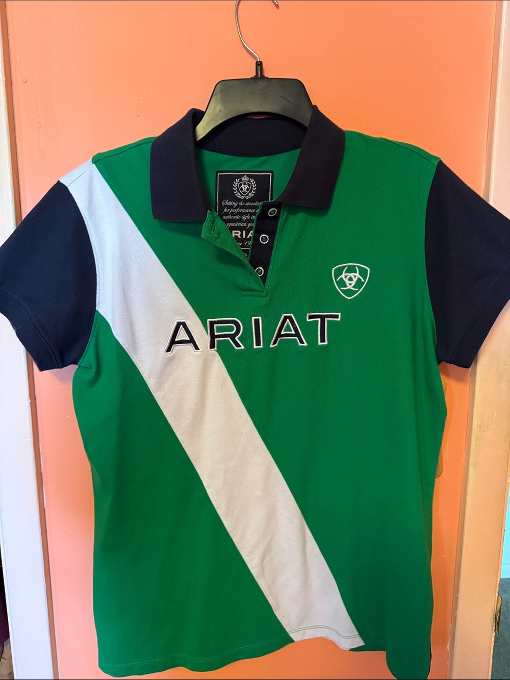 Ariat Green Polo with Navy Accents and White Stripe